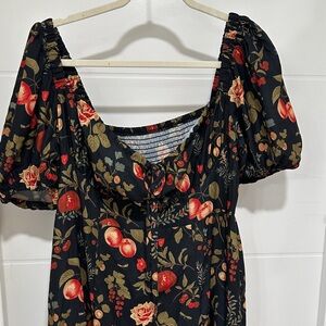Cider Plus Size Black Floral Puff Sleeve Midi Dress with Red & Olive Fruit Print